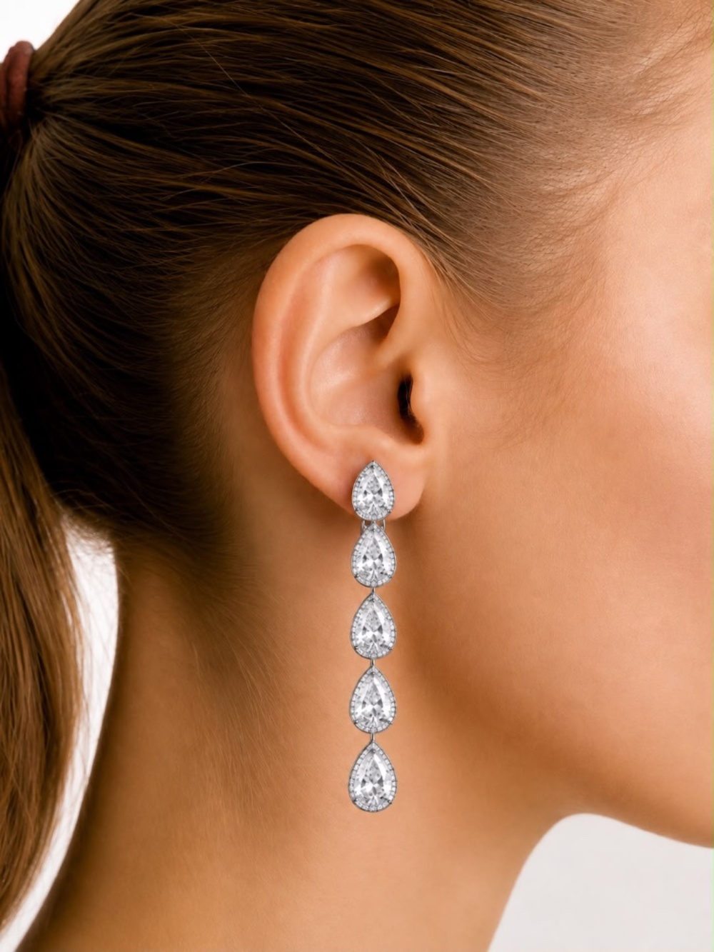 Silver Tone Teardrop Clip-On Earrings Long Cubic Zirconia Dangle Elegant Bridal